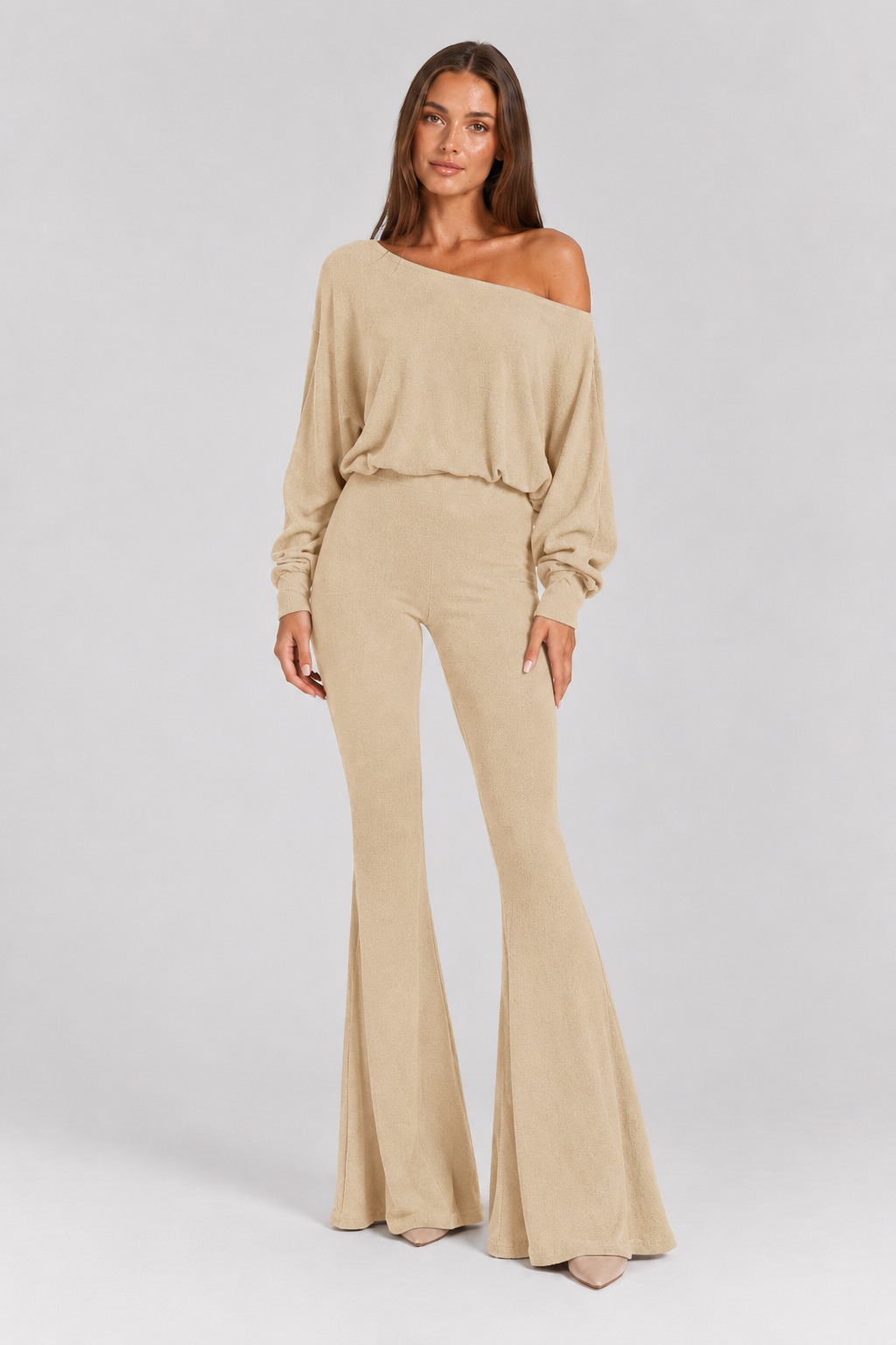 FOVIER Off Shoulder Blouson Top and Flared Pants Set in Beige, front view