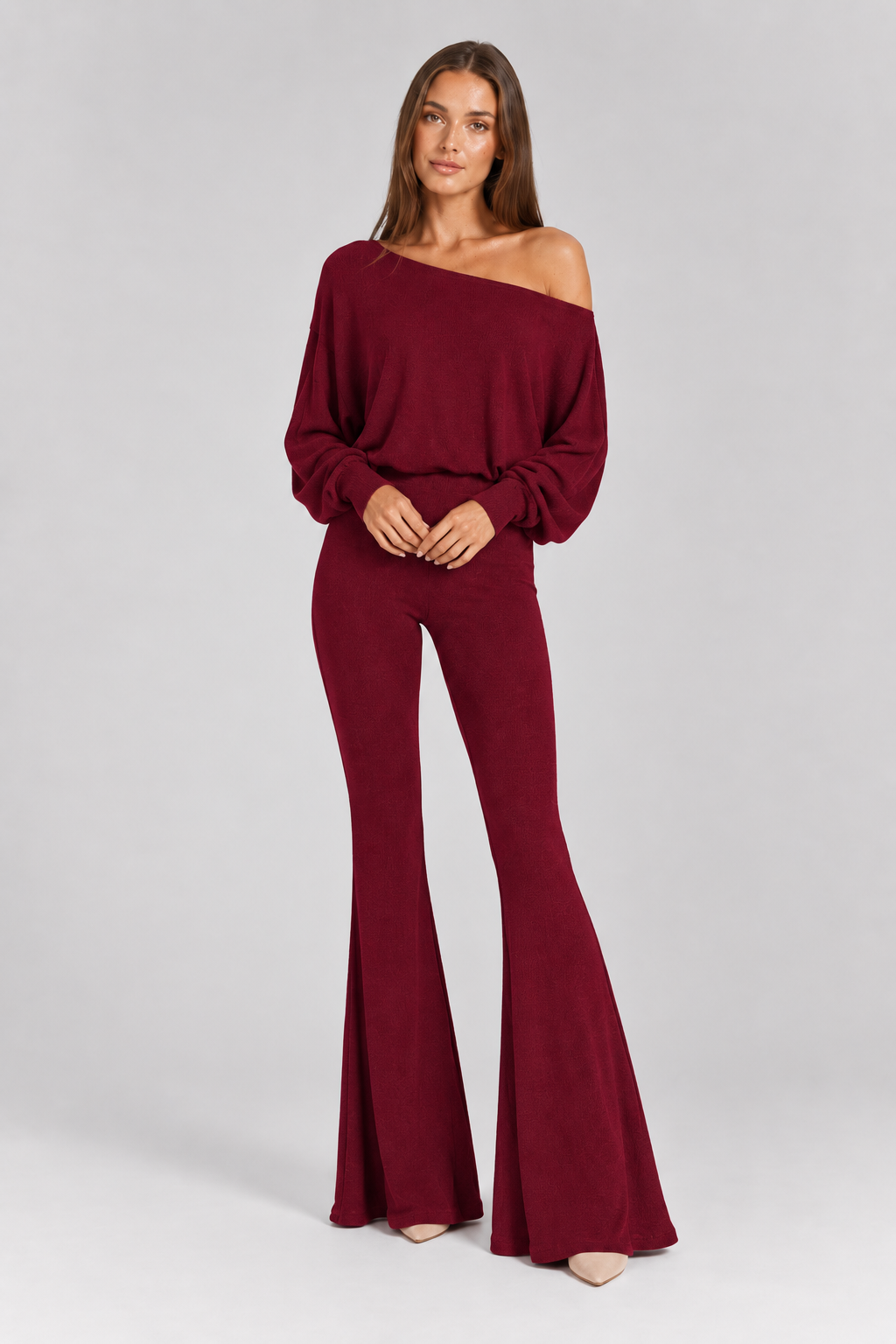 FOVIER Off Shoulder Blouson Top and Flared Pants Set in Burgundy, front view