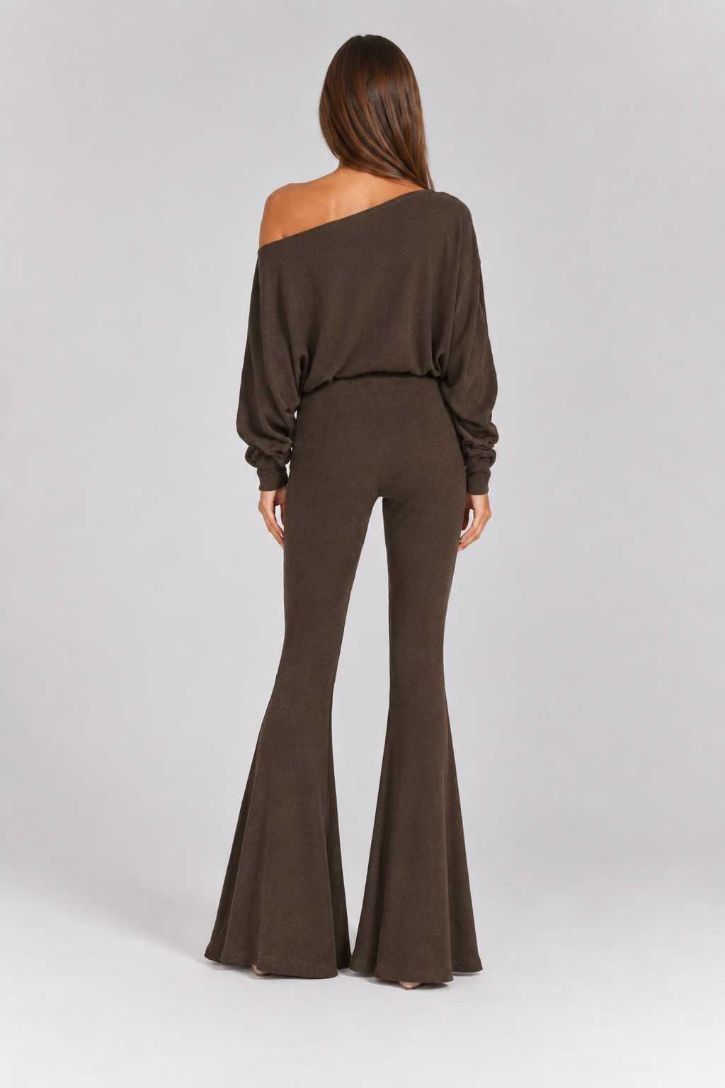 FOVIER Off Shoulder Blouson Top and Flared Pants Set in Chocolate, back view