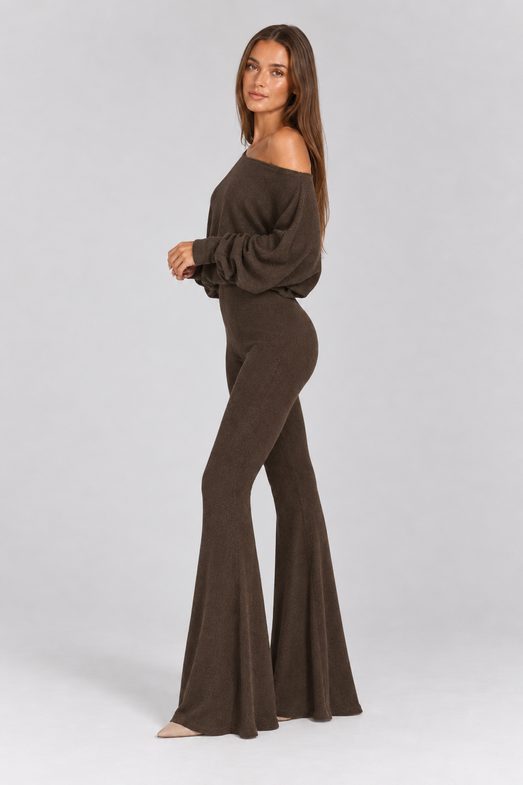 FOVIER Off Shoulder Blouson Top and Flared Pants Set in Chocolate, side view
