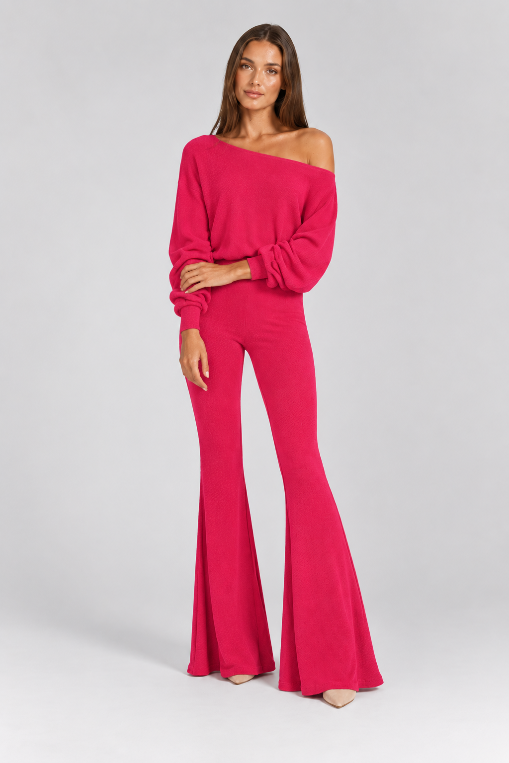 FOVIER Off Shoulder Blouson Top and Flared Pants Set in Fuchsia, front view