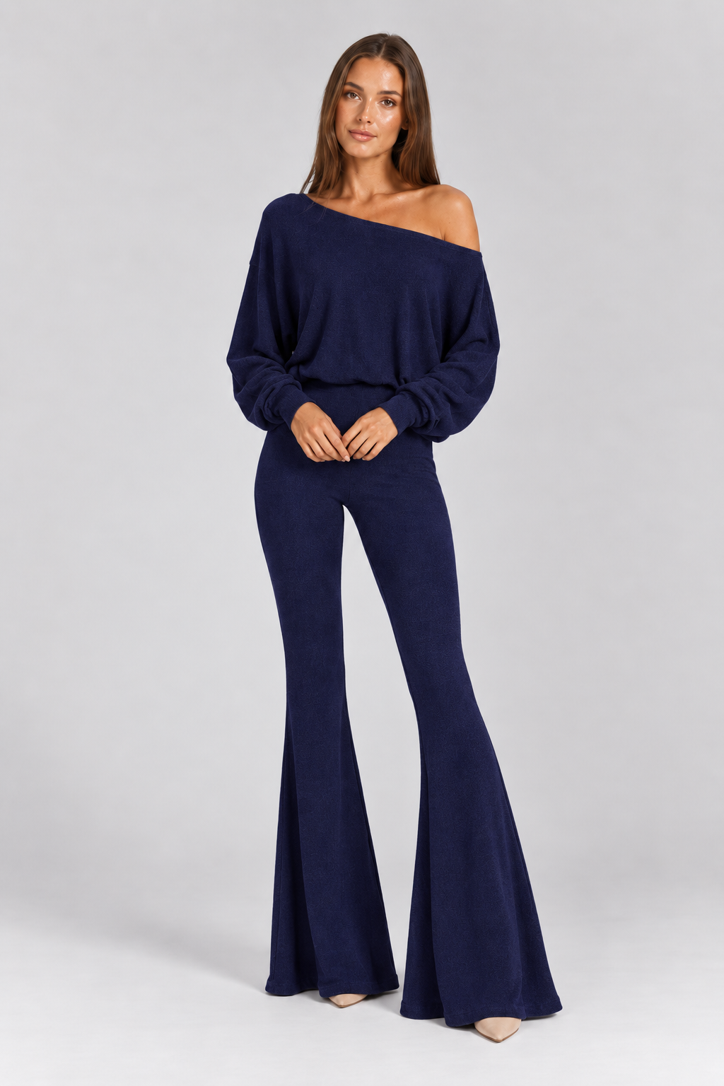FOVIER Off Shoulder Blouson Top and Flared Pants Set in Navy, front view