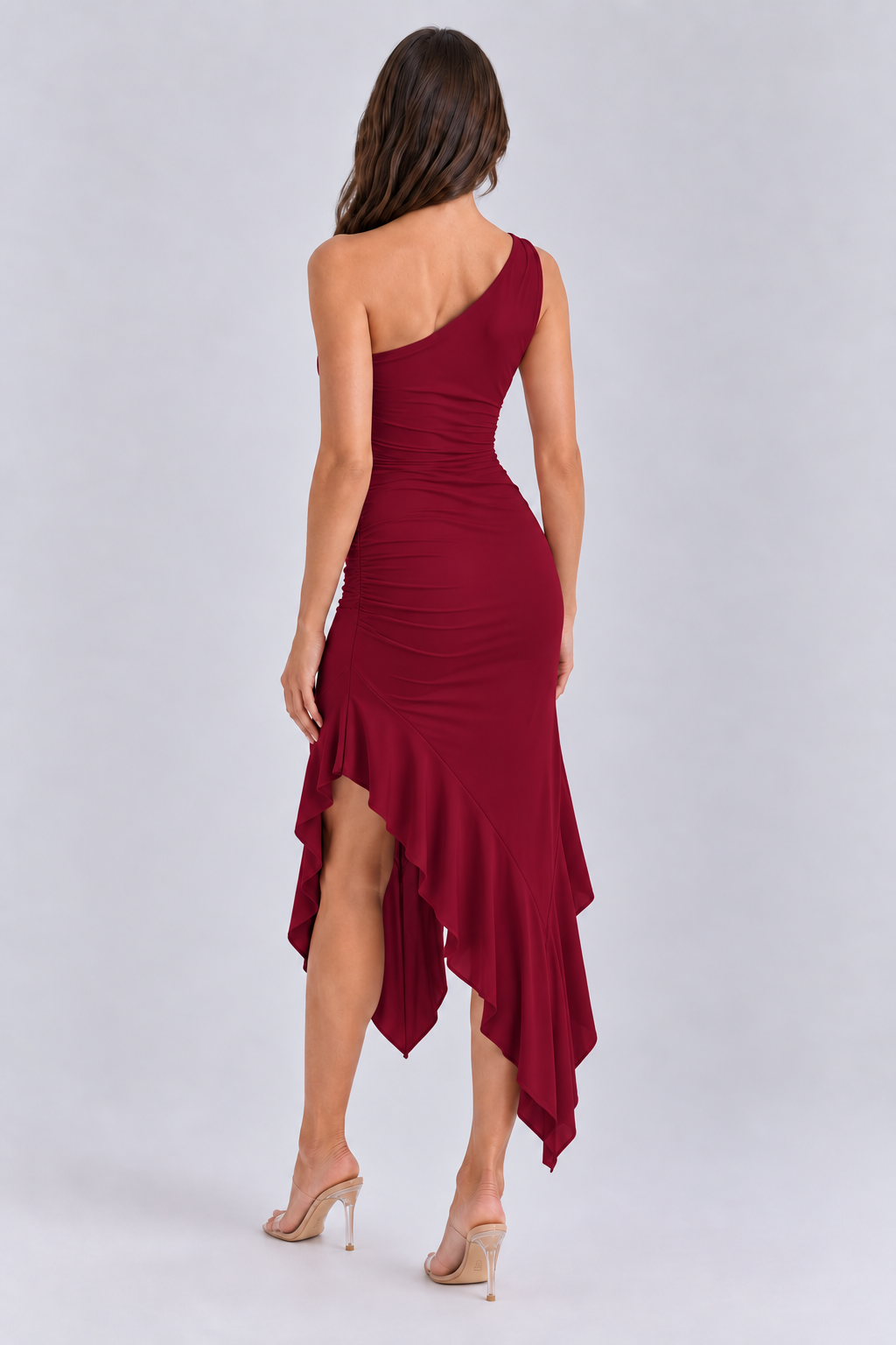 FOVIER One Shoulder Ruched Ruffle Hem Midi Dress in Burgundy, back view
