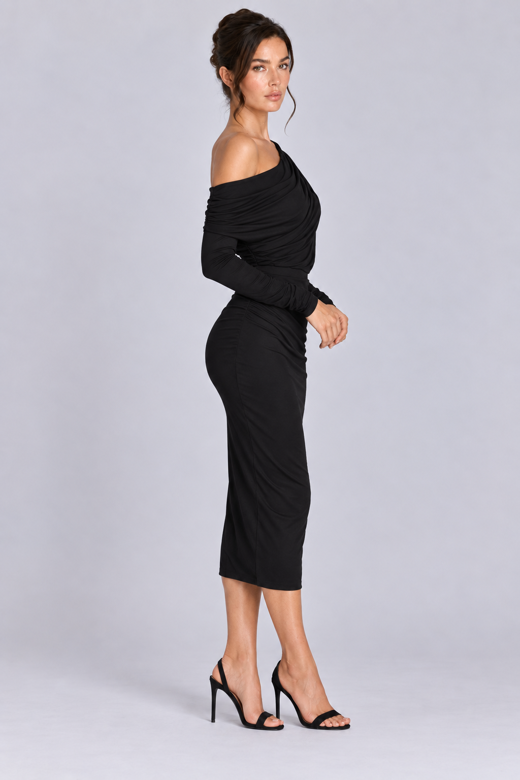 FOVIER Asymmetric Draped Long Sleeve Midi Dress in Black, side view