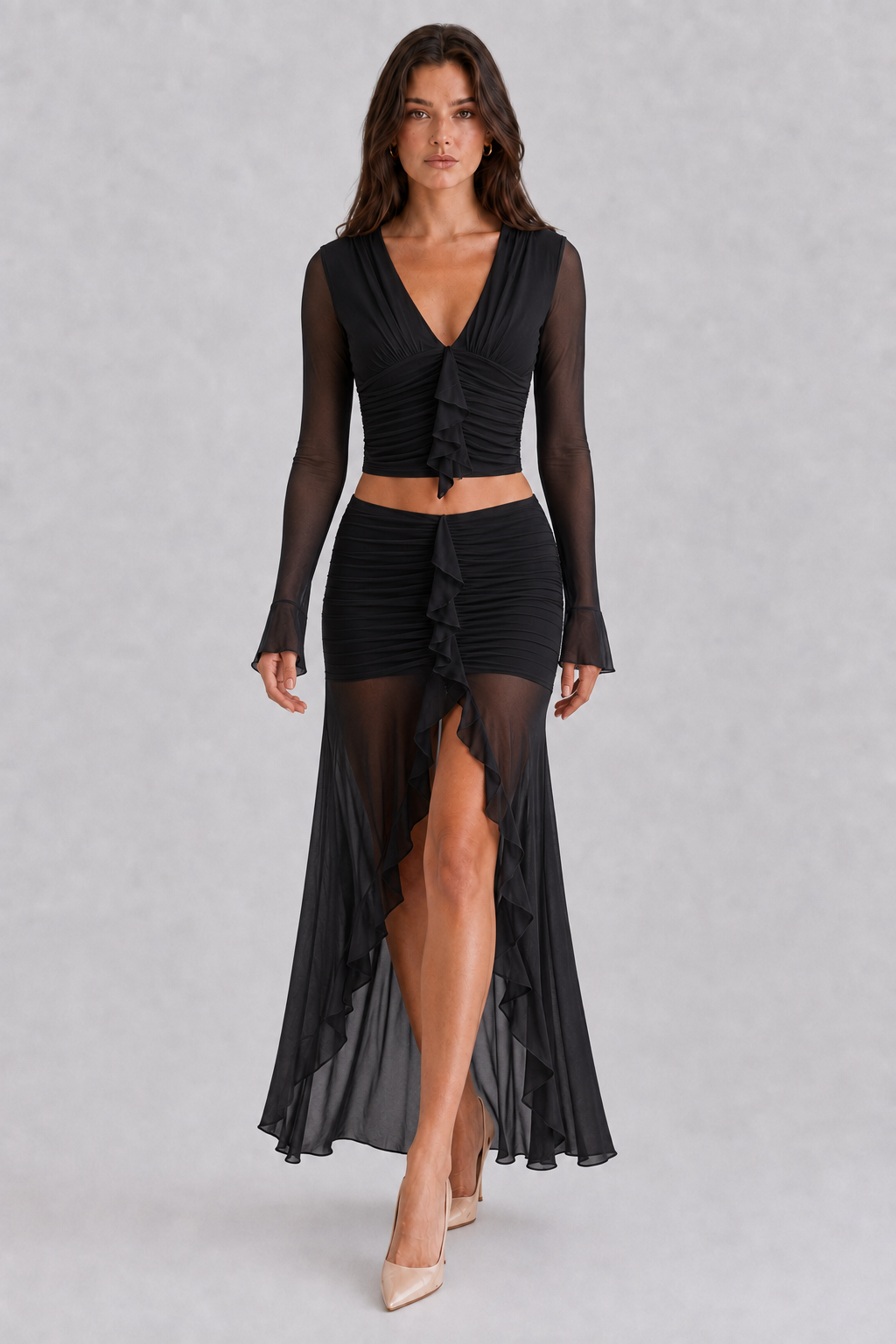 Black ruched ruffle two piece skirt set front view