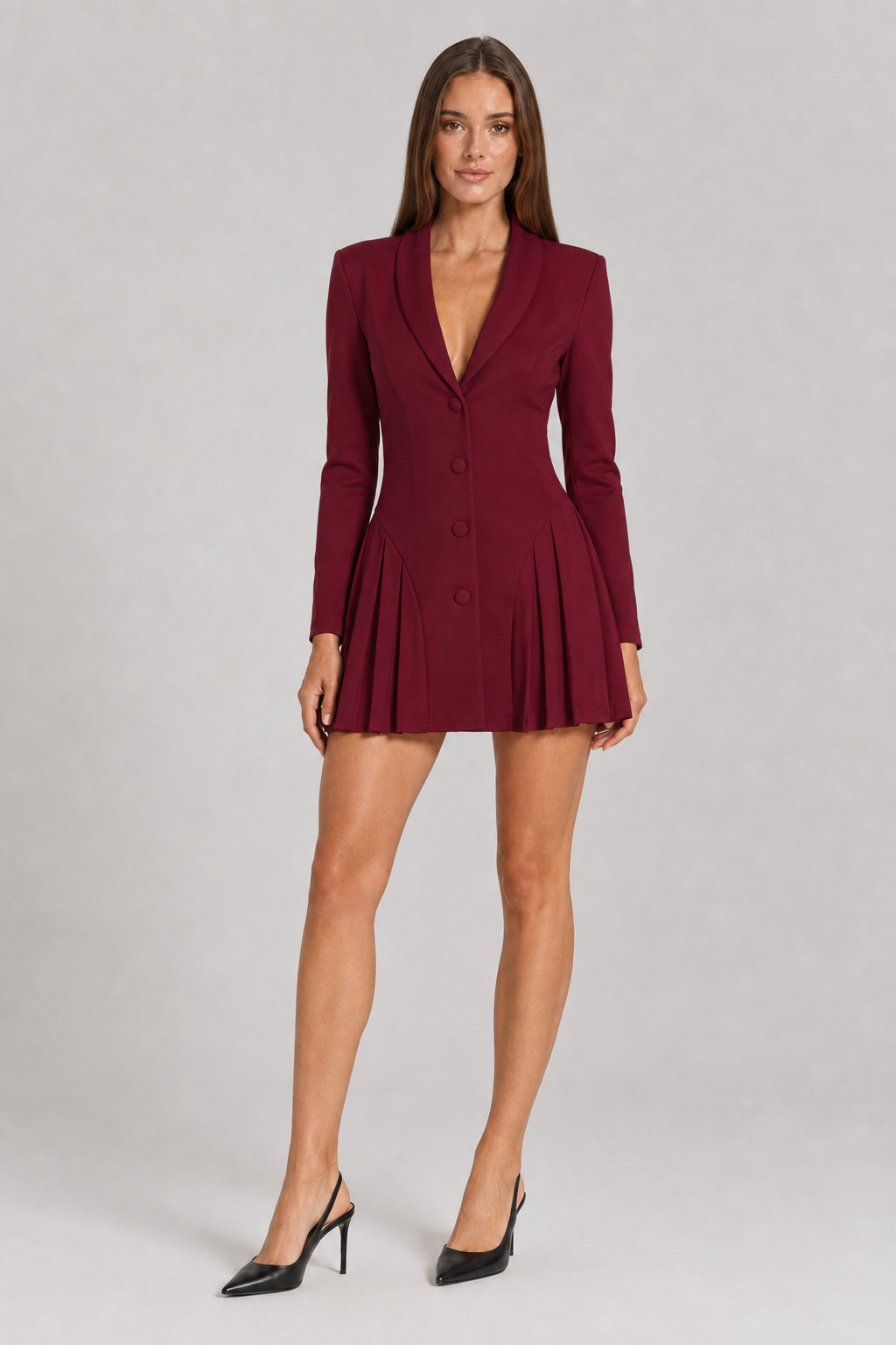 Burgundy pleated long sleeve blazer mini dress, front view