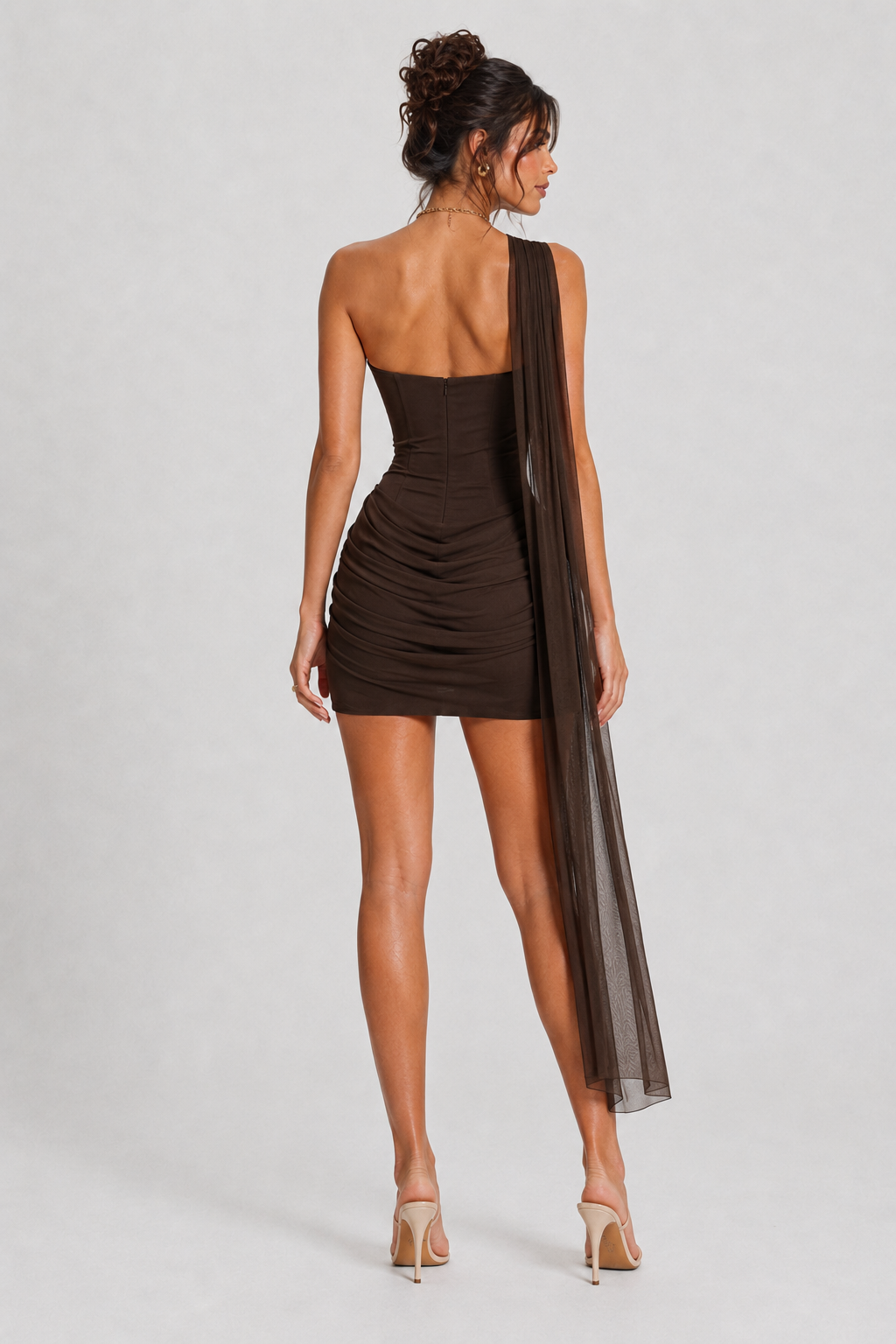 Chocolate ruched mini dress back view