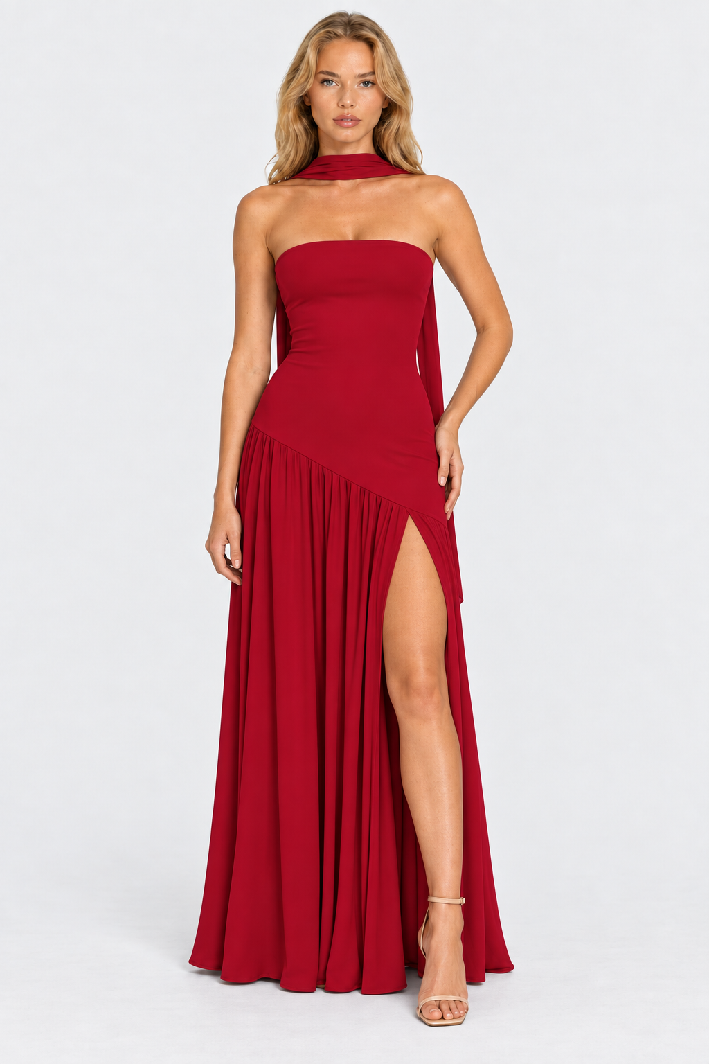 Crimson strapless asymmetric waist split maxi dress, front view