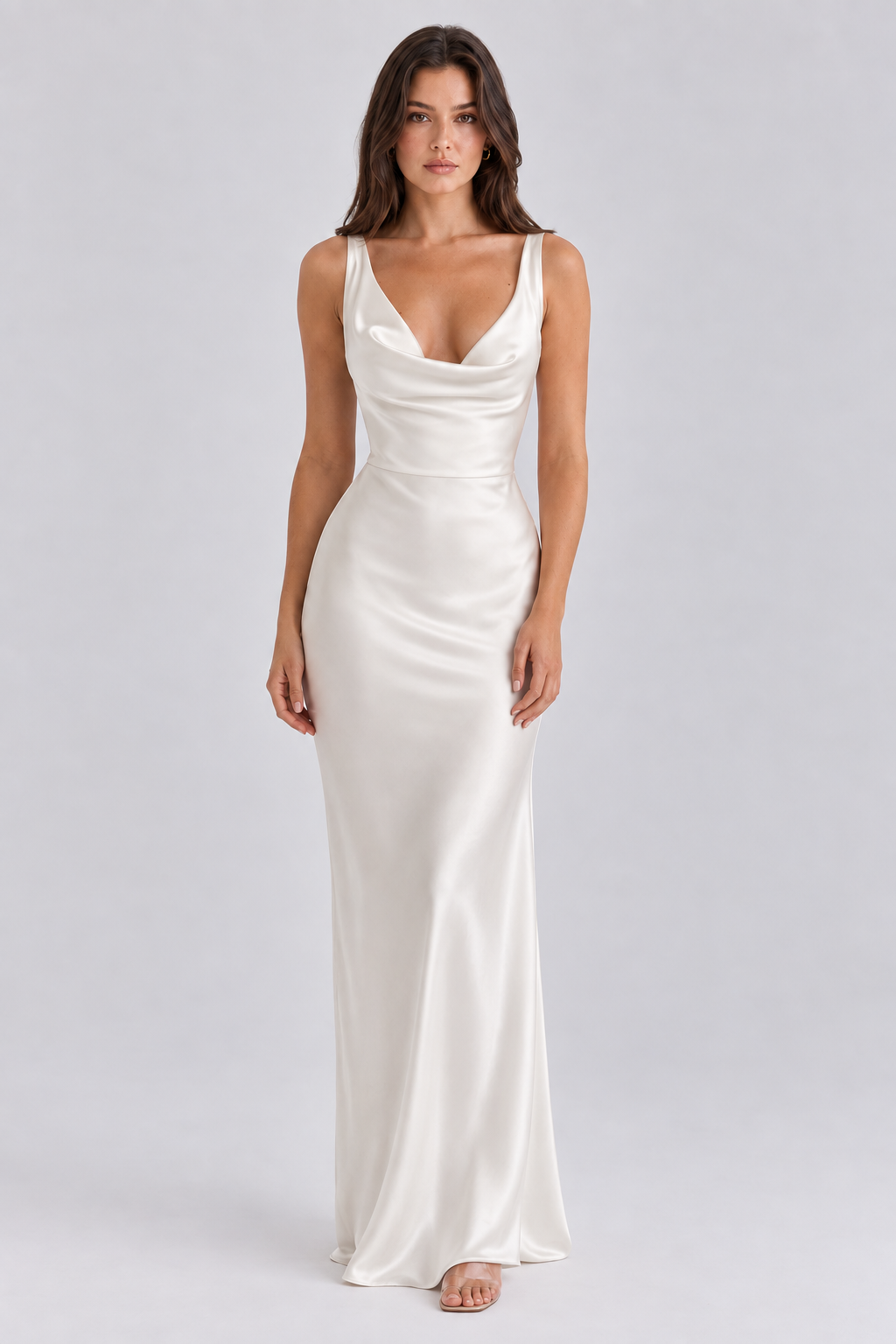 FOVIER Draped Cowl Neck Sleeveless Maxi Dress in White - front view