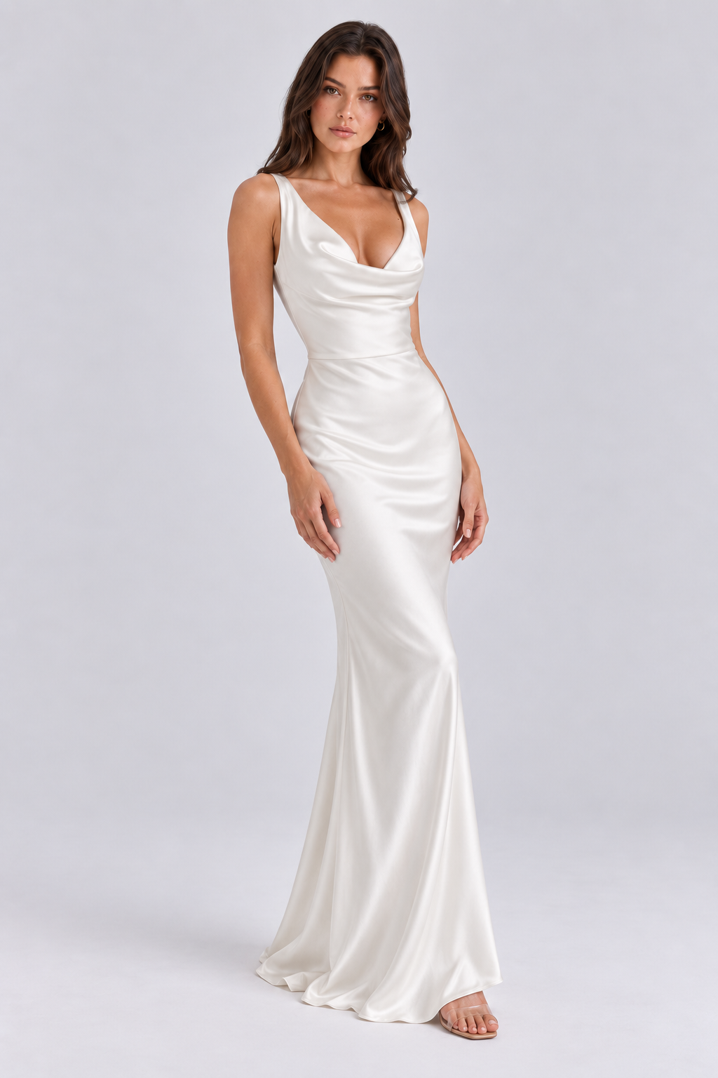 FOVIER Draped Cowl Neck Sleeveless Maxi Dress in White - three-quarter front view