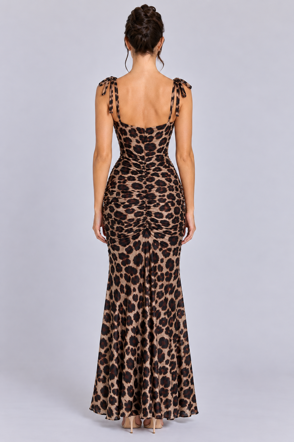 FOVIER Leopard Tie Strap Ruched High Slit Maxi Dress in Brown/Black - back view