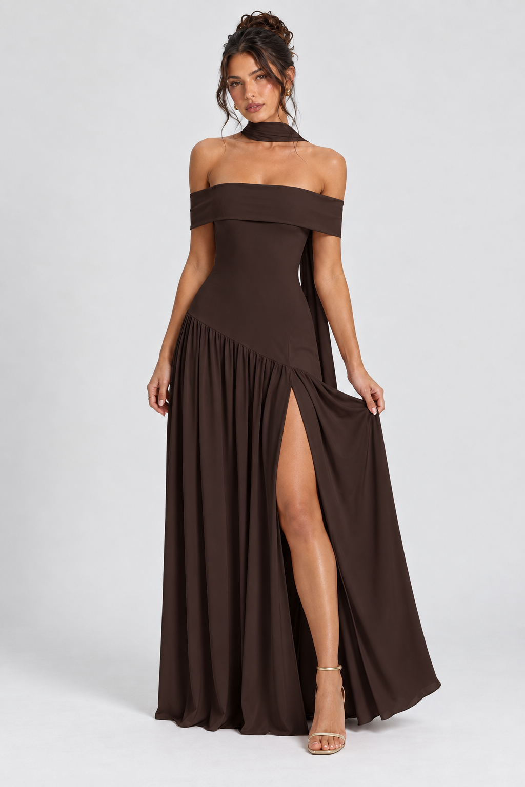 FOVIER Off Shoulder Drop Waist High Slit Maxi Dress in Chocolate - front view