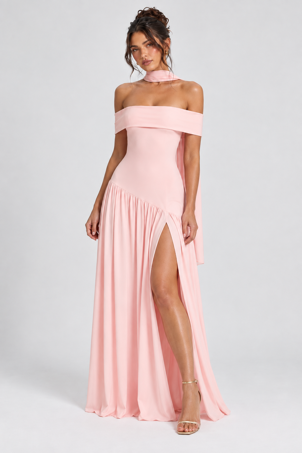 FOVIER Off Shoulder Drop Waist High Slit Maxi Dress in Pink - alternative front view