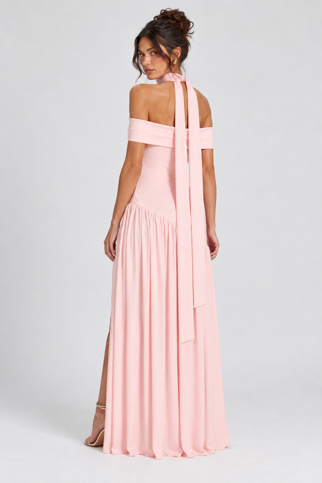 FOVIER Off Shoulder Drop Waist High Slit Maxi Dress in Pink - back view
