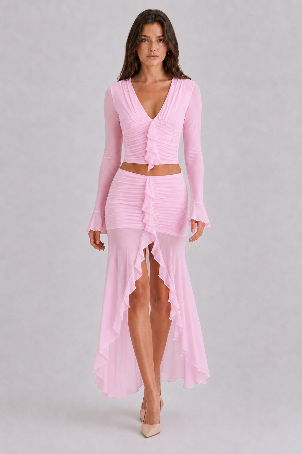 Pink ruched ruffle two piece skirt set front view