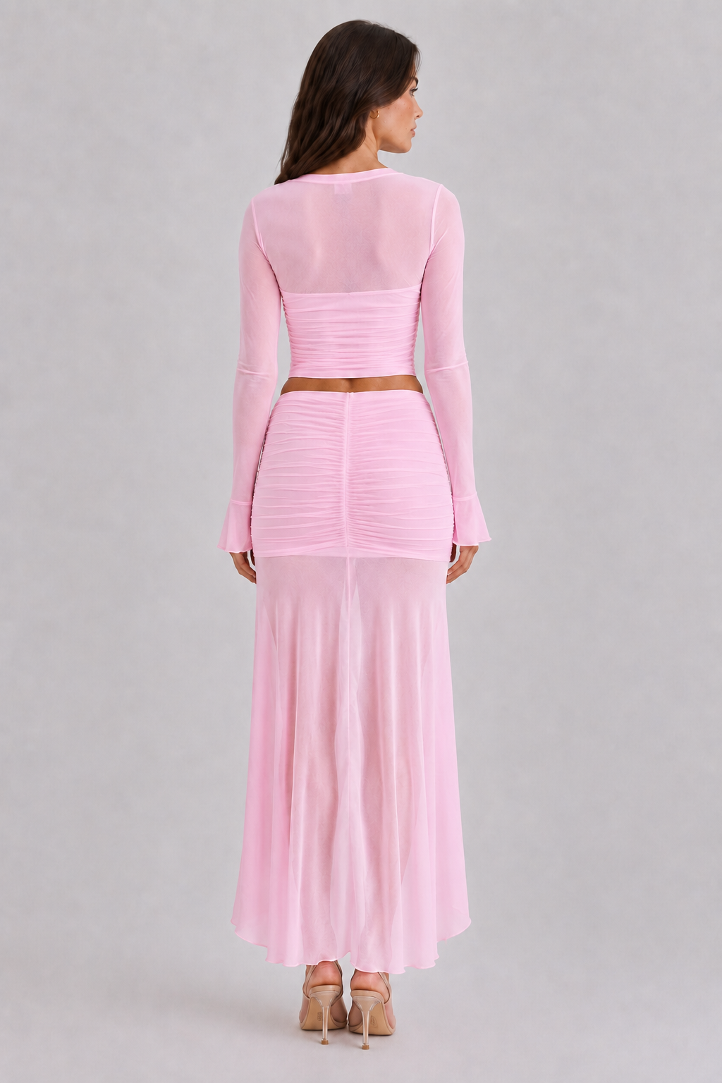 Pink two piece skirt set rear view with sheer mesh panels