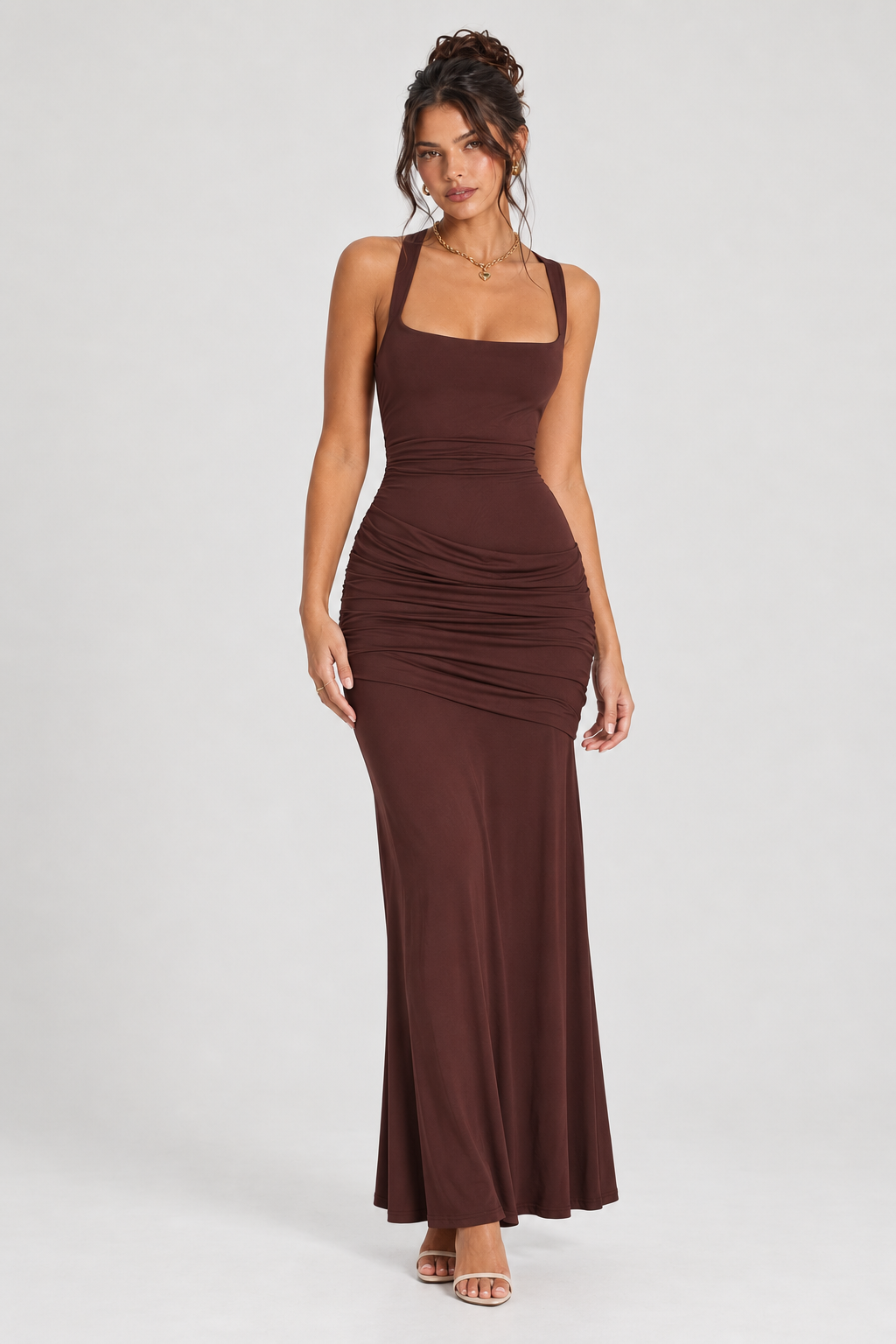 FOVIER Square Neck Ruched Fishtail Maxi Dress in Chocolate - front view