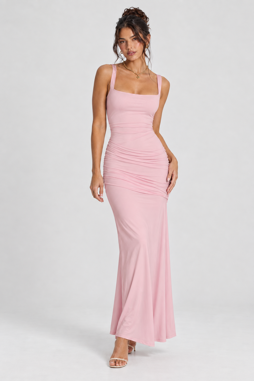 FOVIER Square Neck Ruched Fishtail Maxi Dress in Pink - front view