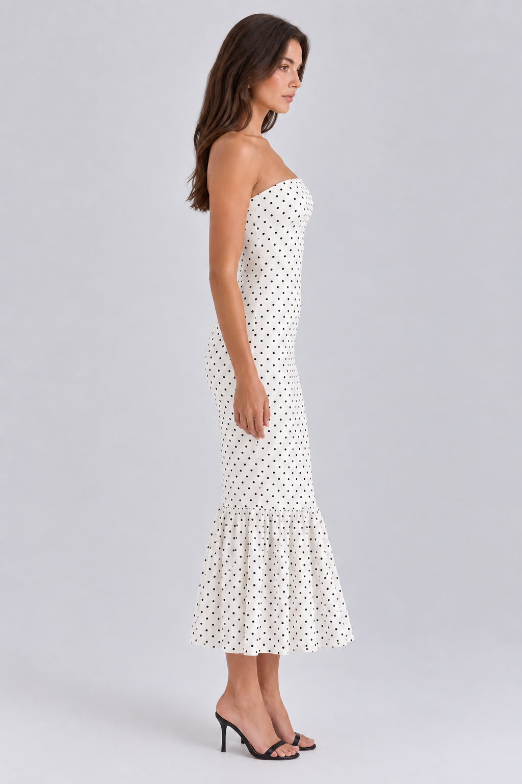 FOVIER Strapless Polka Dot Fishtail Midi Dress in Black/White - side view