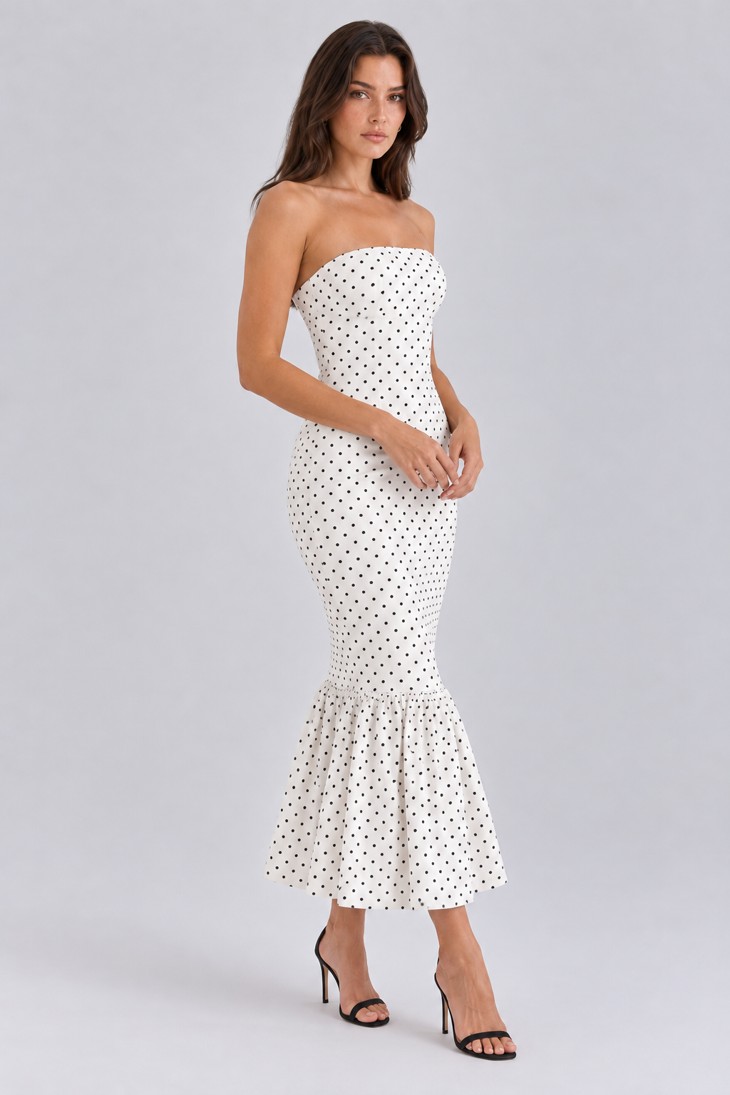 FOVIER Strapless Polka Dot Fishtail Midi Dress in Black/White - three-quarter front view