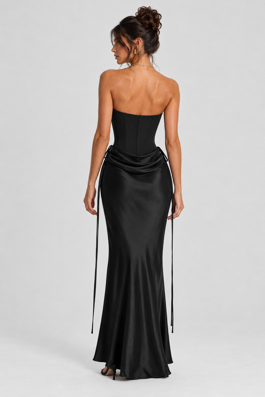 FOVIER Sweetheart Draped Waist Strapless Maxi Dress in Black - back view
