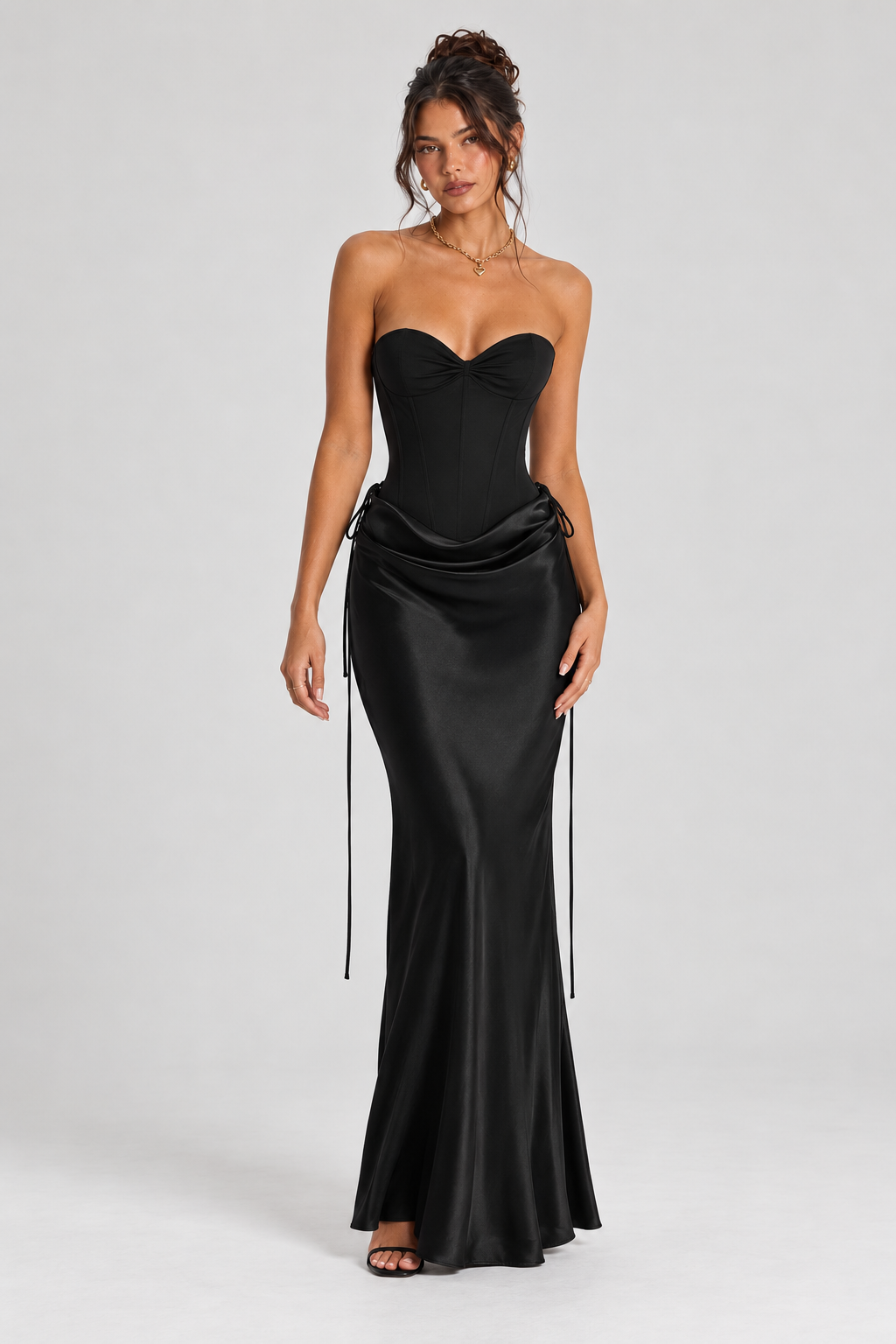 FOVIER Sweetheart Draped Waist Strapless Maxi Dress in Black - front view