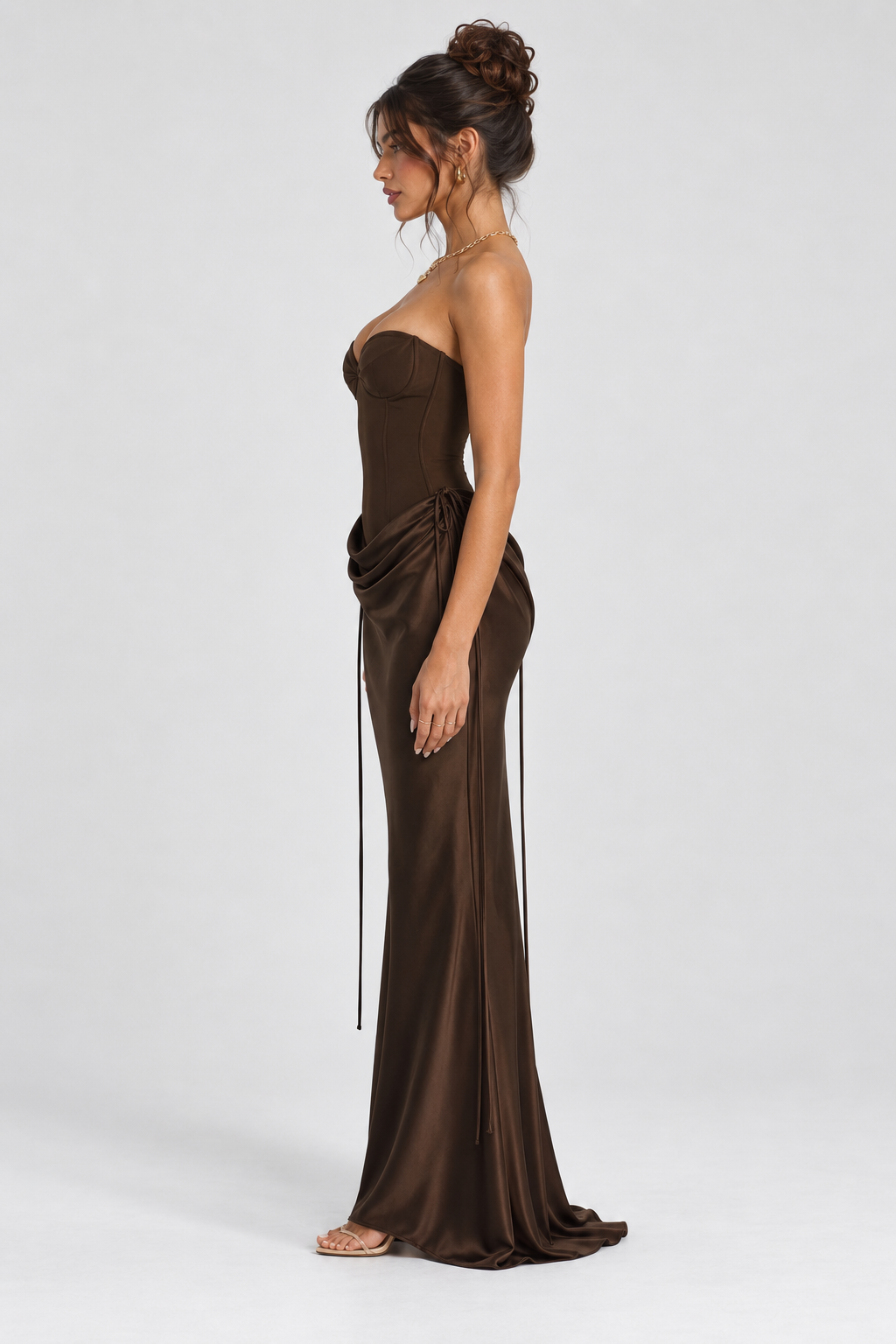 FOVIER Sweetheart Draped Waist Strapless Maxi Dress in Chocolate - side view