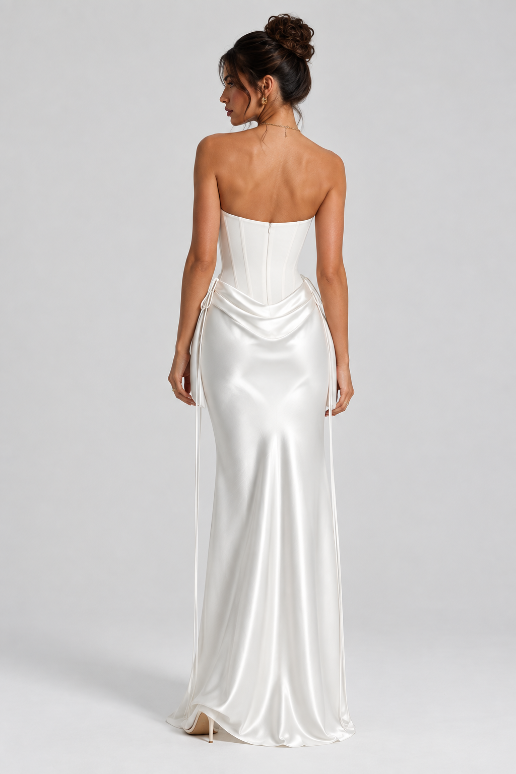 FOVIER Sweetheart Draped Waist Strapless Maxi Dress in White - back view