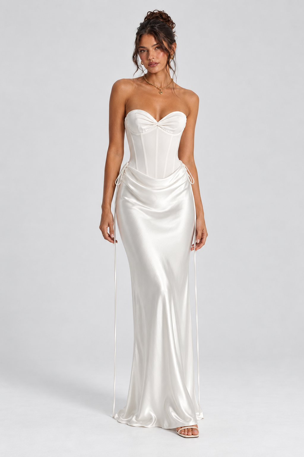 FOVIER Sweetheart Draped Waist Strapless Maxi Dress in White - front view