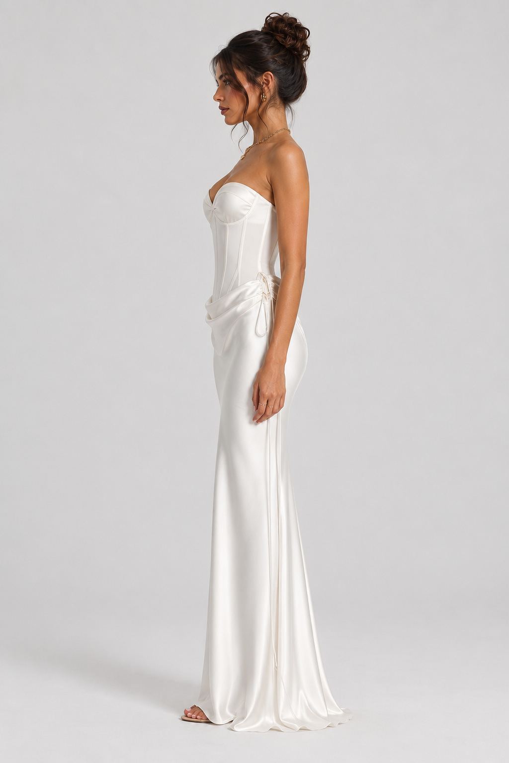 FOVIER Sweetheart Draped Waist Strapless Maxi Dress in White - side view