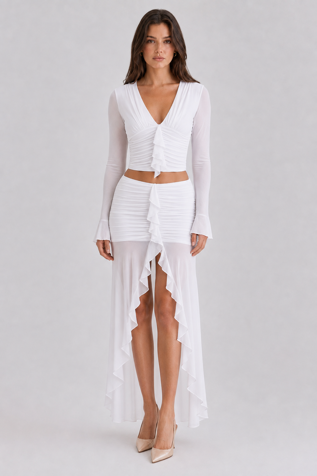 White mesh crop top and high low maxi skirt full front view
