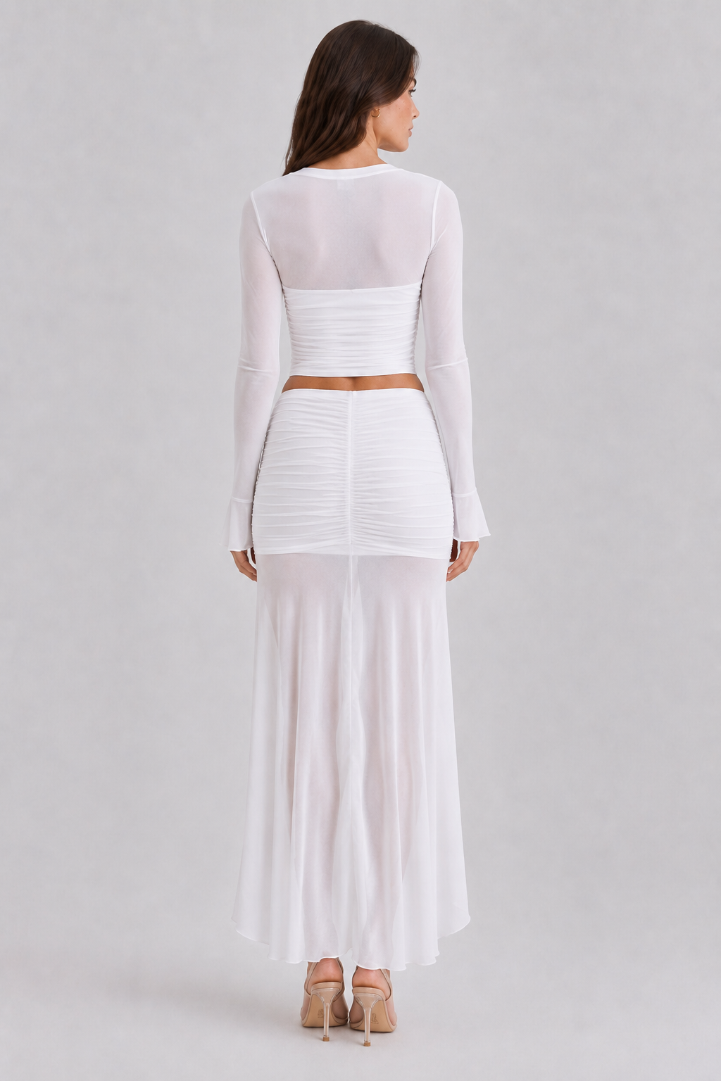 White ruched two piece skirt set rear view