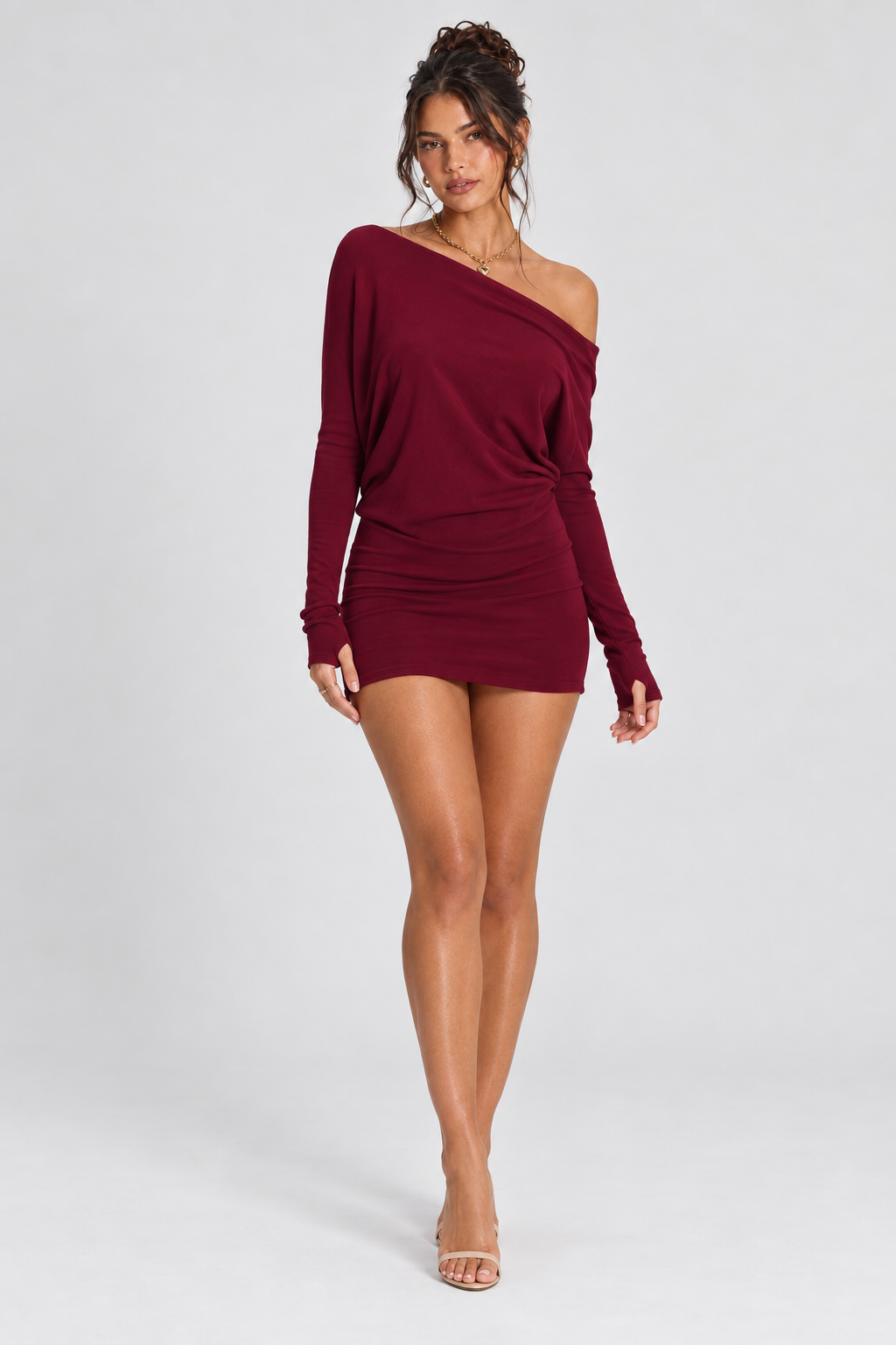 FOVIER Off Shoulder Long Sleeve Blouson Mini Dress in Burgundy, front view