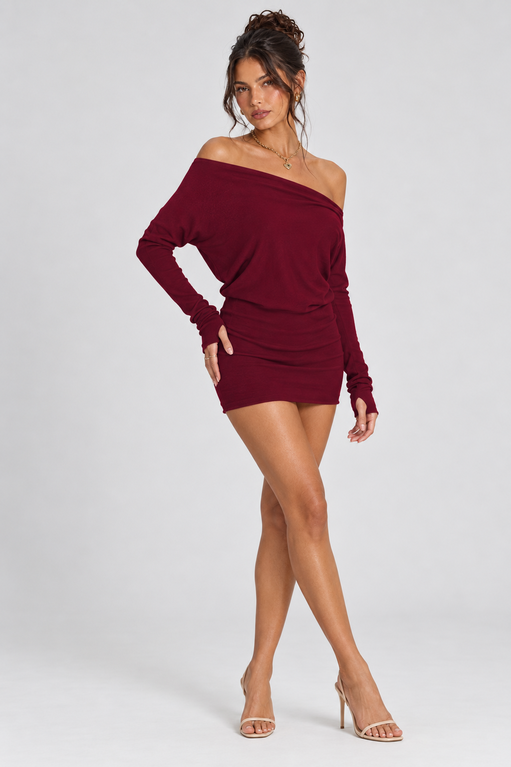 FOVIER Off Shoulder Long Sleeve Blouson Mini Dress in Burgundy, three quarter front view