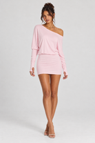 FOVIER Off Shoulder Long Sleeve Blouson Mini Dress in Pink, front view
