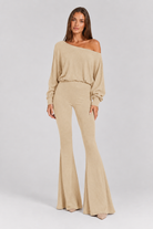 FOVIER Off Shoulder Blouson Top and Flared Pants Set in Beige, front view