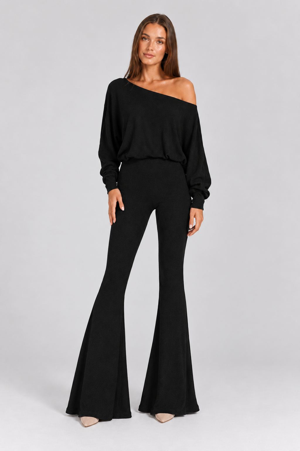 FOVIER Off Shoulder Blouson Top and Flared Pants Set in Black, front view