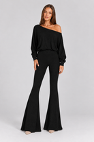 FOVIER Off Shoulder Blouson Top and Flared Pants Set in Black, front view