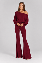 FOVIER Off Shoulder Blouson Top and Flared Pants Set in Burgundy, front view