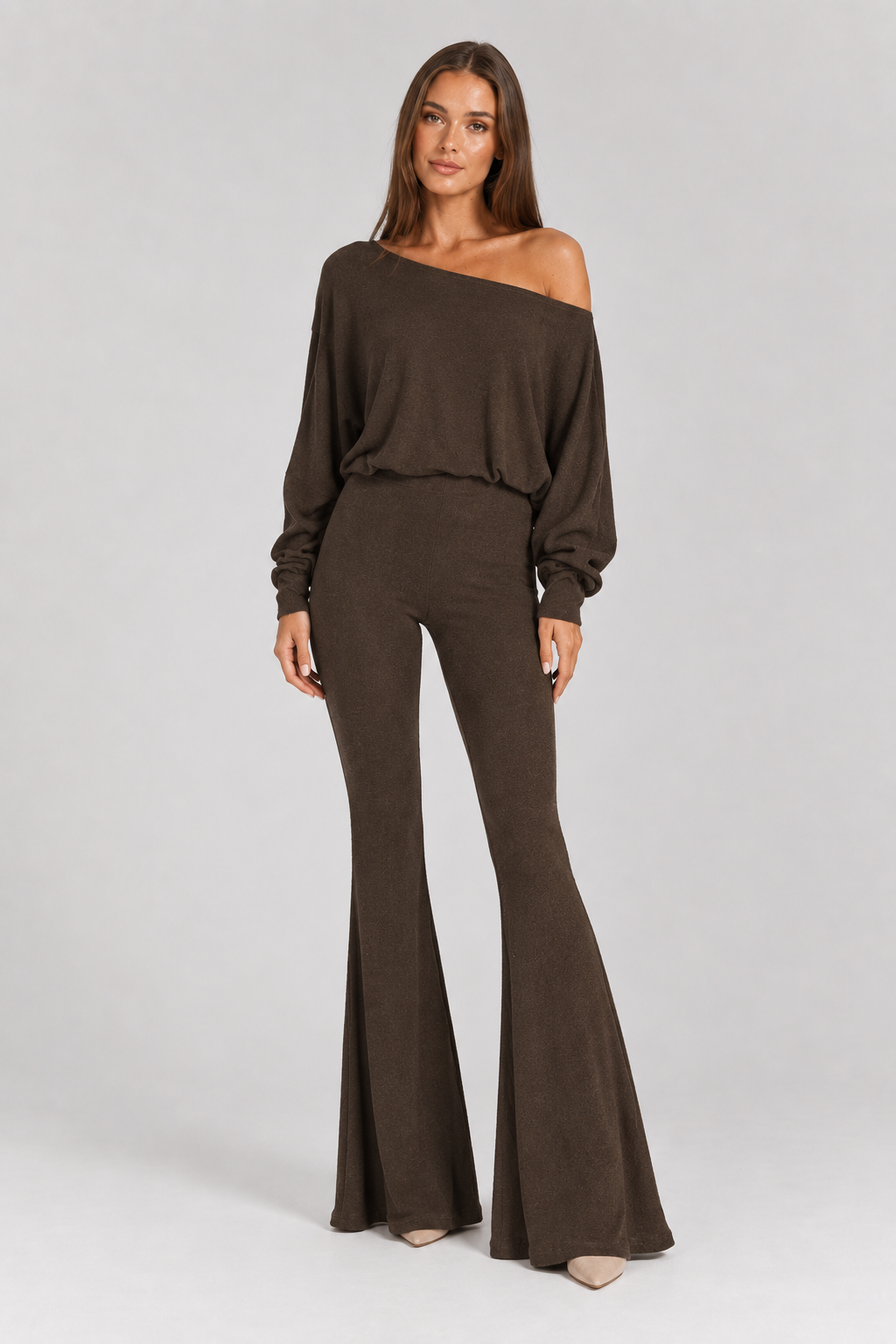 FOVIER Off Shoulder Blouson Top and Flared Pants Set in Chocolate, front view