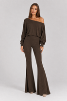FOVIER Off Shoulder Blouson Top and Flared Pants Set in Chocolate, front view