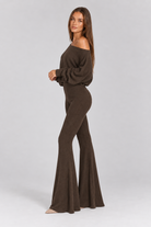 FOVIER Off Shoulder Blouson Top and Flared Pants Set in Chocolate, side view