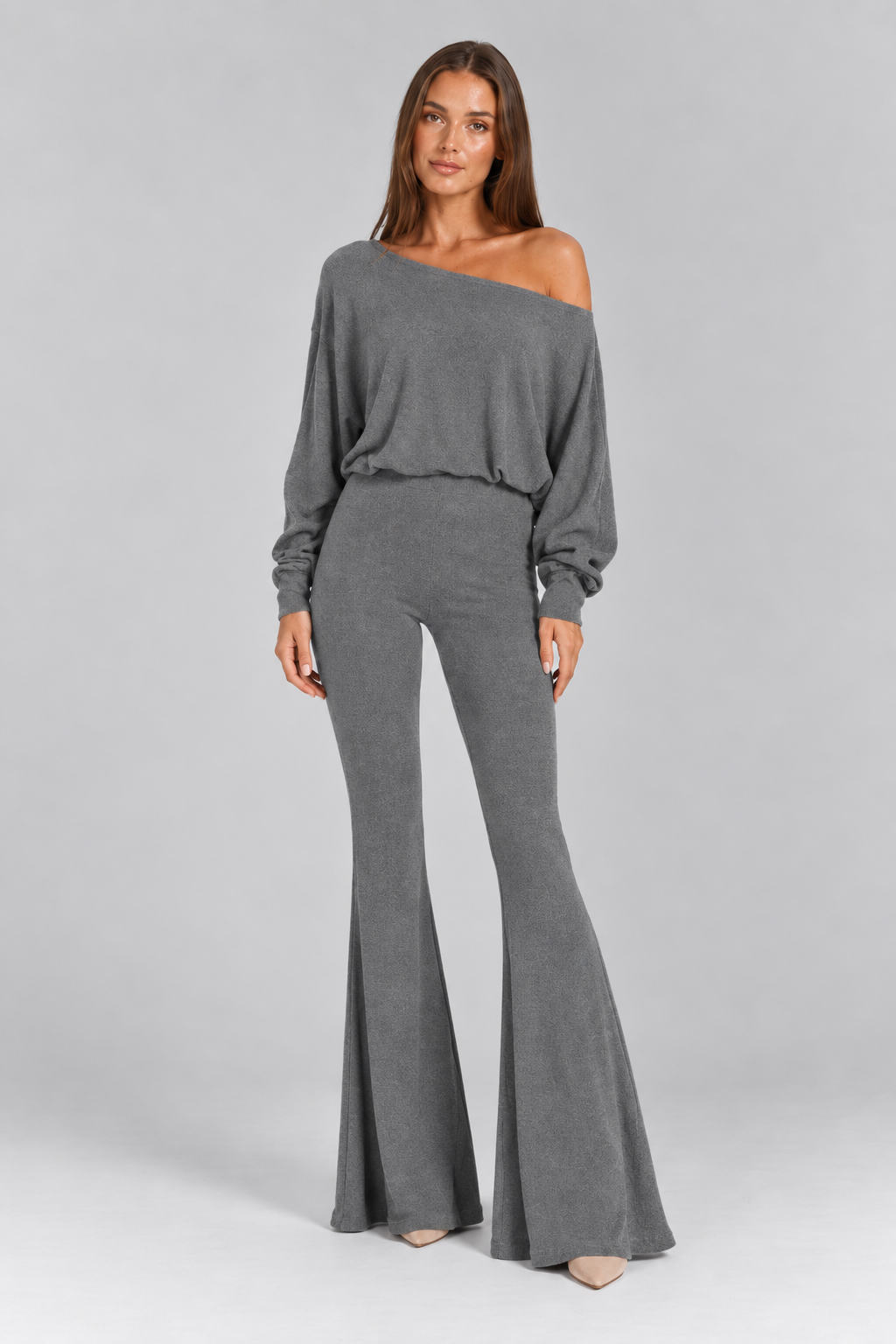 FOVIER Off Shoulder Blouson Top and Flared Pants Set in Grey, front view