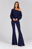 FOVIER Off Shoulder Blouson Top and Flared Pants Set in Navy, front view