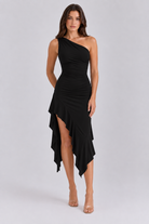 FOVIER One Shoulder Ruched Ruffle Hem Midi Dress in Black, front view
