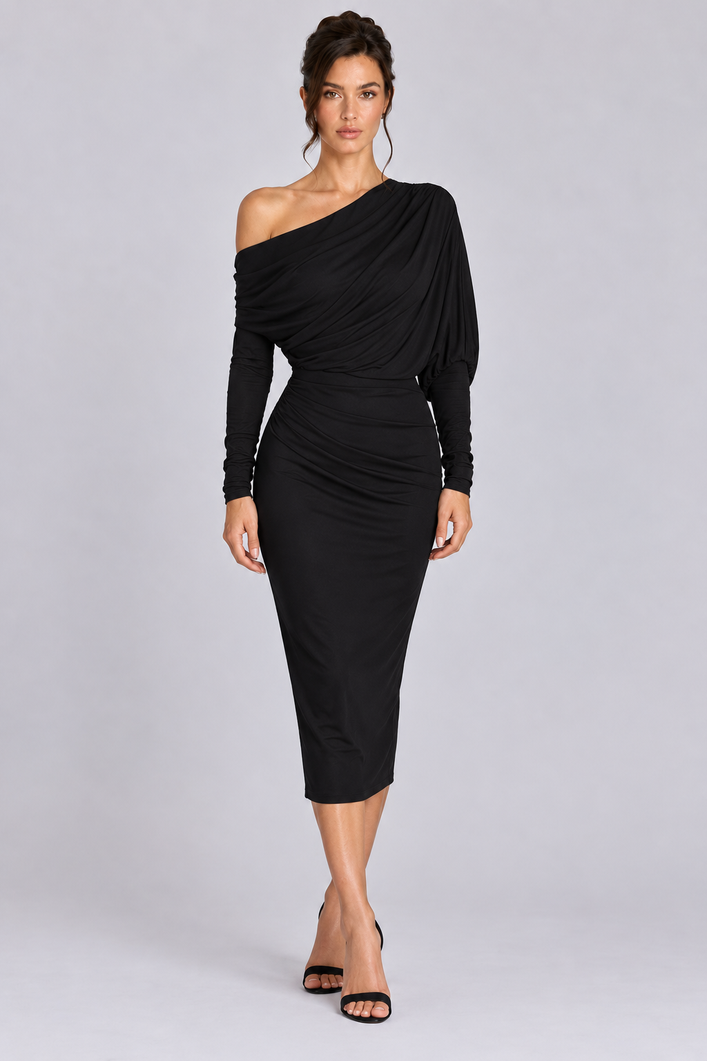 FOVIER Asymmetric Draped Long Sleeve Midi Dress in Black, front view