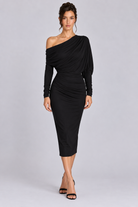 FOVIER Asymmetric Draped Long Sleeve Midi Dress in Black, front view
