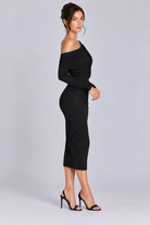 FOVIER Asymmetric Draped Long Sleeve Midi Dress in Black, side view