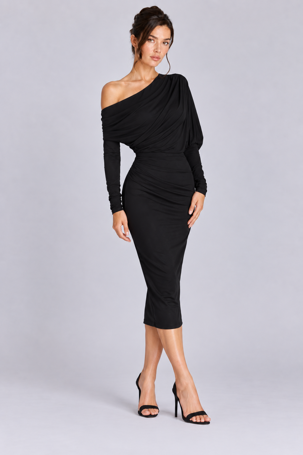 FOVIER Asymmetric Draped Long Sleeve Midi Dress in Black, three quarter front view