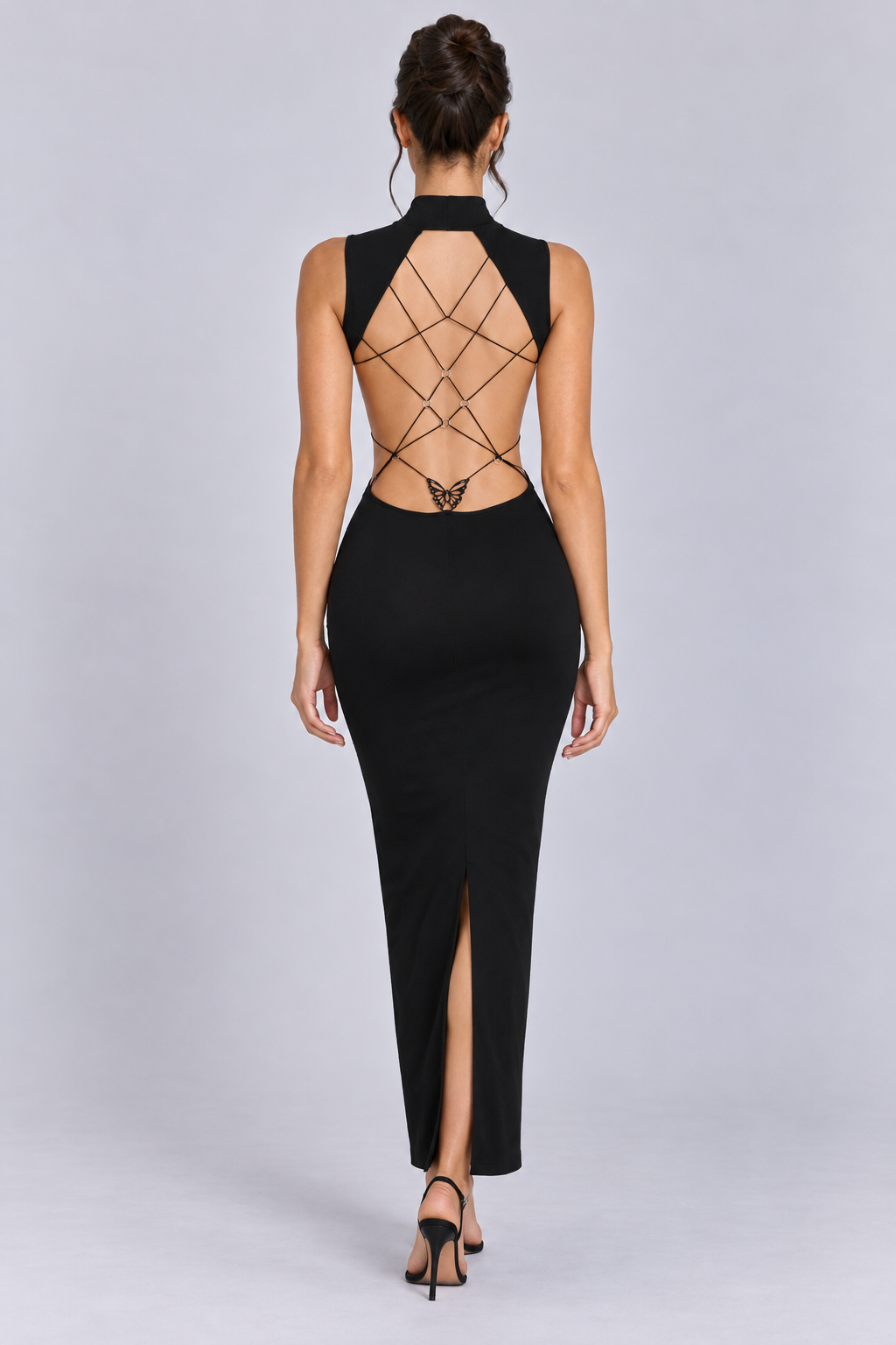 FOVIER High Neck Lattice Open Back Maxi Dress in Black, back view